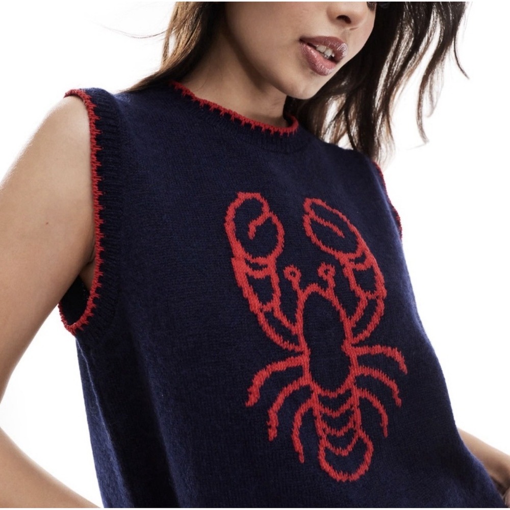 Gucurin Women's Lobster Sweater Vest XL Navy Red Coastal Preppy Nautical Knit